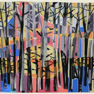Tapisserie POIRIER (XXe) « soleil couchant en forêt »